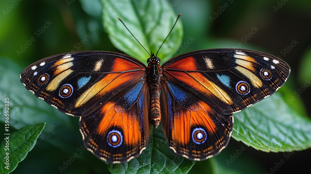 Obraz premium Close-Up of a Beautiful Butterfly Resting on Green Leaves