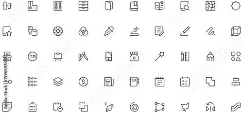 Editable Design and Creativity Icon Set – 60 Minimal Line Icons: Pencil, Color Picker, Paintbrush, Typography, Compass, Layers, Calendar, Book, UI Tools And More Vector Icons