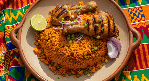Colorful West African jollof rice with grilled chicken