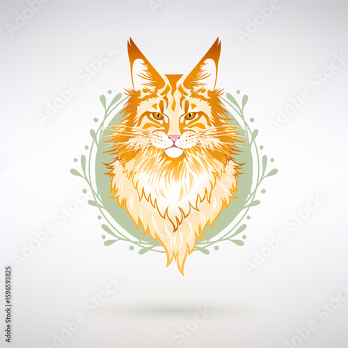Red Maine Coon Cat on a Green Wreath