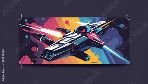 Retro sci-fi starfighter illustration on a hanging wall banner mockup, depicting a colorful space battle