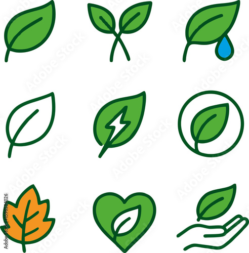 A collection of bright vector icons with leaves in a minimalist style. They symbolize ecology, sustainable development, green energy, care for nature and an organic approach.