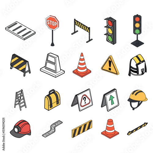 Isometric Traffic and Construction Safety Icon Set | Flat Color Design.

