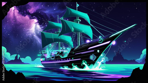 Futuristic sci-fi pirate ship with luminous cyan sails navigating a cosmic ocean