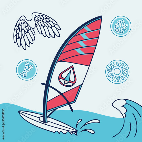 Illustration of windsurfing board with red sail on blue water with wings and circular icons