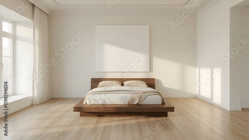 Modern minimalist bedroom interior: sunlit platform bed, neutral tones, large blank canvas above.