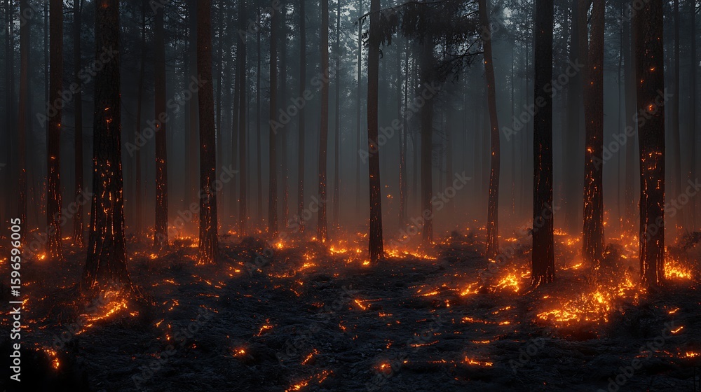 Obraz premium Smoldering Forest Fire at Night