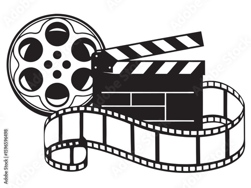 film strip, film reel movie vector art, Film reel clapperboard movie production cinema black Silhouette Vector icon illustration on white background
