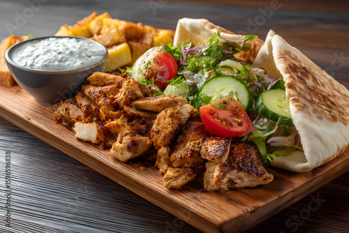 Chicken shawarma platter with pita bread, fries, and tzatziki sauce