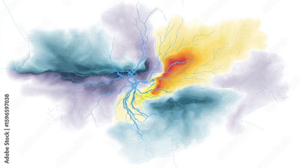 Fototapeta premium A painting of a storm with a yellow and blue lightning bolt