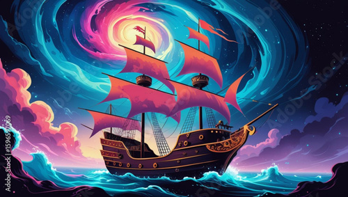 Fantasy ship with red sails on an epic voyage into a glowing cosmic portal