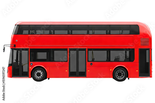 Side view of a modern red double-decker public transit bus isolated on a transparent background