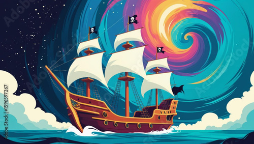 Fantastical pirate ship sailing through a colorful cosmic vortex
