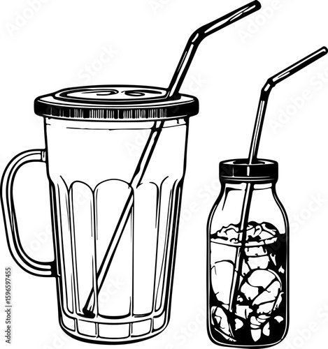 Refreshing Drinkware Duo: A stylish black and white illustration of two popular beverage containers – a handled glass with a lid and straw, and a bottle with a straw, both perfect for drinks.