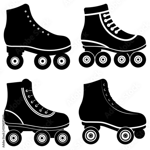 Four roller skates in black and white showing different styles of the boot and wheel arrangements on white