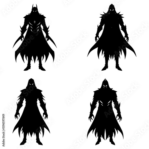 Four black silhouette figures of cloaked armored characters in various poses against a white background