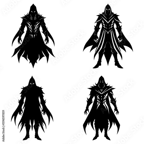 Four black silhouettes of hooded figures with sharp claws and ornate armor on a white background design