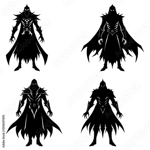 Four dark fantasy figures in black silhouettes wearing hooded cloaks and ornate armor standing menacingly