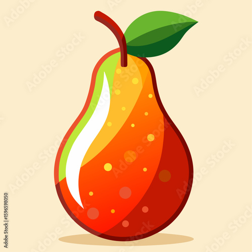 Vibrant red and yellow pear with green leaf