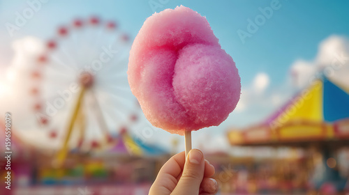 Fototapeta Naklejka Na Ścianę i Meble -  Hand holds pink cotton candy with amusement park rides in background. Nostalgic summer fun and colorful experience. Sweet treat at the fair.