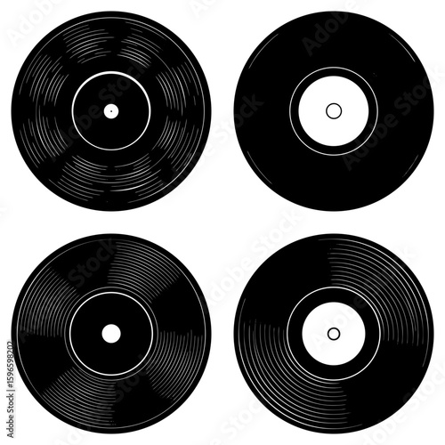 Four black vinyl records with different label designs arranged in a square on a white background style