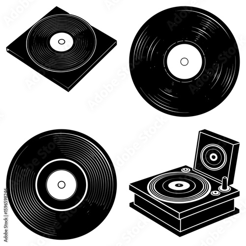 Four black and white vinyl record illustrations with turntables and records in different views and angles