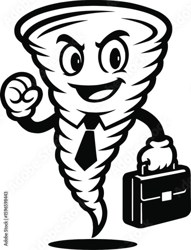 Cartoon Business Tornado Mascot with Briefcase Vector Illustration. Dynamic, Fast-Paced, and Powerful Business Concept.