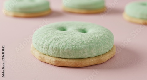 Mint-colored button cookies on pink surface