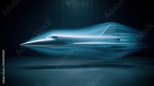 A jet is flying through a tunnel with a blue smoke trail behind it