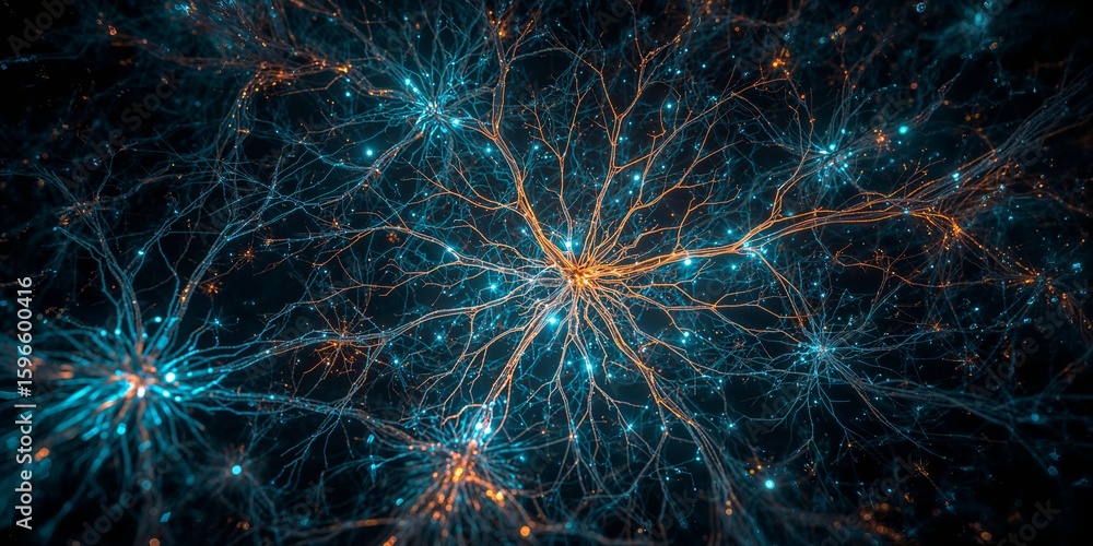Fototapeta premium Abstract neural network with glowing connections in blue and orange on a dark background