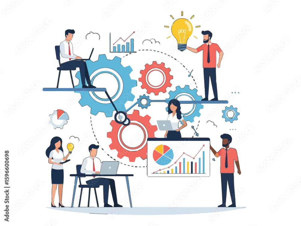 sometric flat vector of diverse businesspeople around interlocking gears representing teamwork and workflow. People shown presenting ideas, coding, emailing, and working on laptops. sometric flat vector of diverse businesspeople around interlocking gears representing teamwork and workflow. People shown presenting ideas, coding, emailing, and working on laptops.