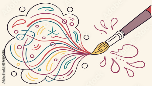 A colorful paintbrush creating abstract shapes and lines with artistic flair on a light background