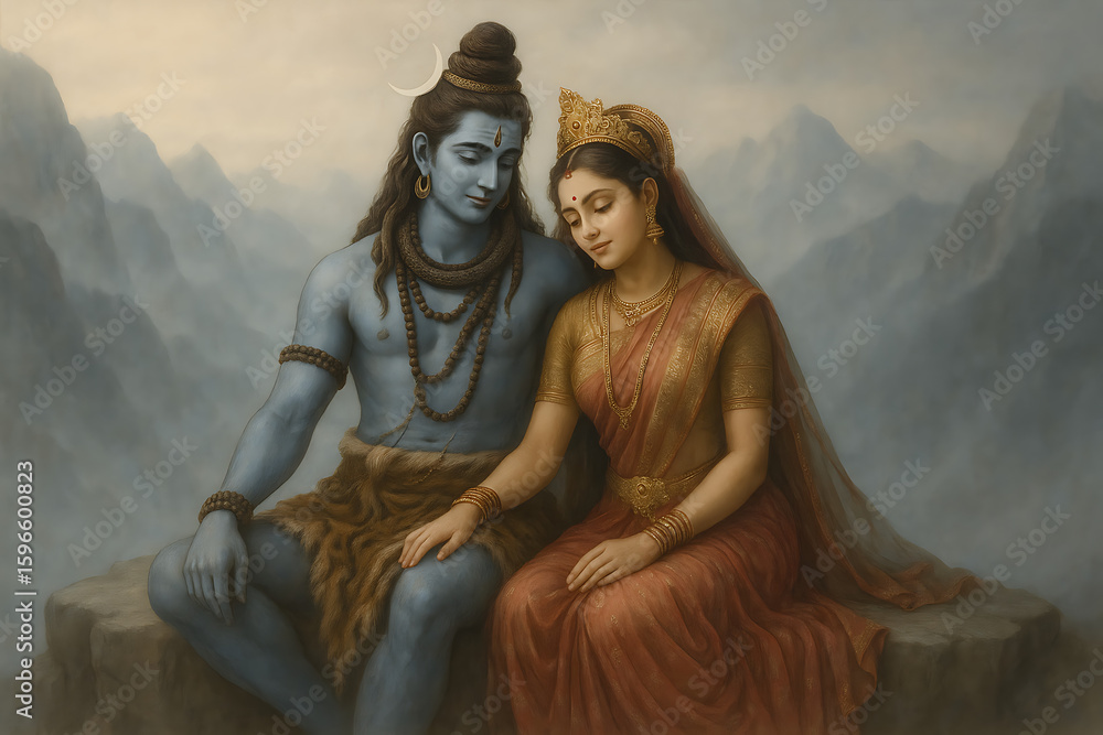 Obraz premium Mahadev parvati captured in serene mountain landscape showing harmony and peace during sawan shivratri with golden glow and divine cultural essence