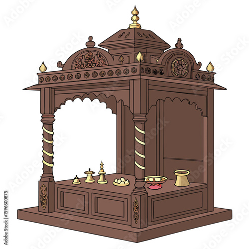 Intricate vector illustration of a premium wooden Hindu temple meticulously carved from dark polished wood showcasing traditional architectural details and cultural significance perfect for religious