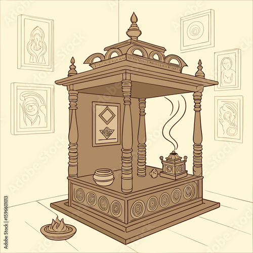 Detailed illustration of a traditional wooden Hindu Mandir ideal for home use featuring intricate carvings and a banner advertisement style showcasing cultural heritage and architectural