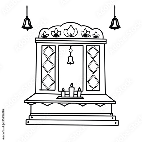 Detailed illustration of a traditional wooden temple for home use showcasing Indian Mandir architecture suitable for banners advertisements and cultural designs with CMYK color scheme