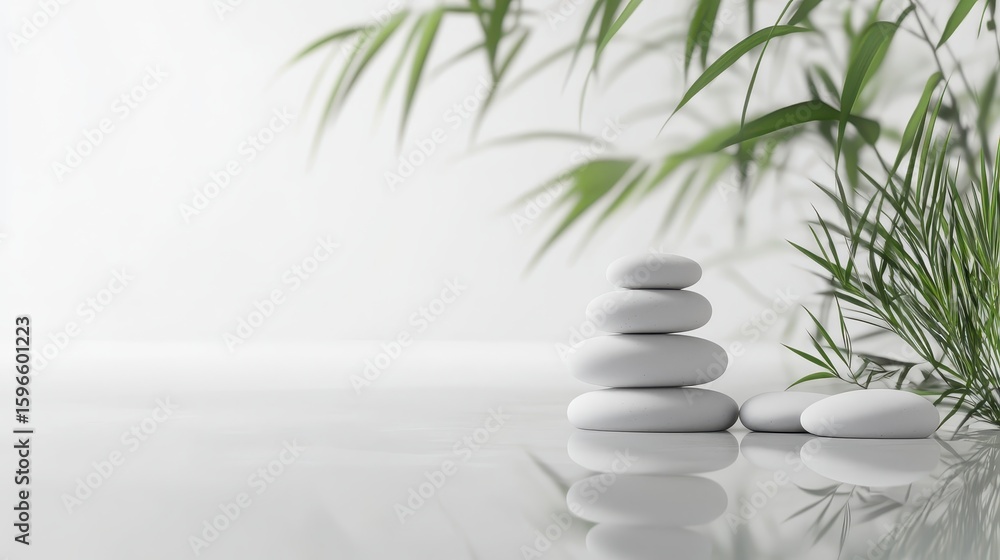 Relaxing Zen Garden Scene with Smooth Stones and Fresh Green Bamboo Relaxing Zen Garden Scene with Smooth Stones and Fresh Green Bamboo