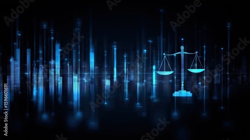 Digital scales of justice against a cityscape backdrop.