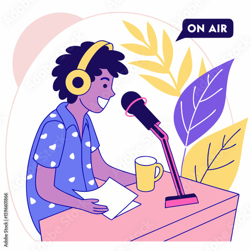 Podcast recording studio setup with microphone and headphones for online radio broadcasting and streaming