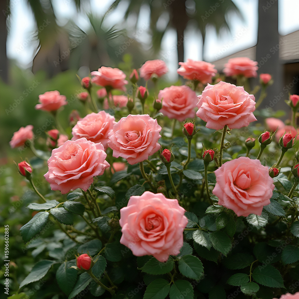 Lush Pink Roses Blooming in Garden Lush Pink Roses Blooming in Garden