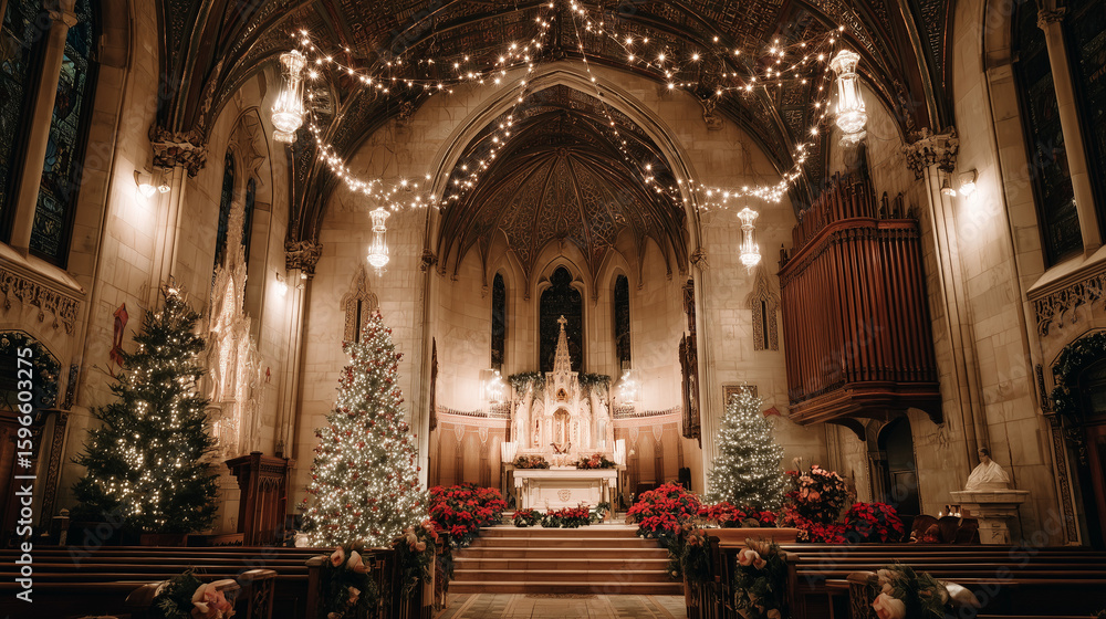 Fototapeta premium Beautiful church interior decorated for Christmas with lights, wreaths, and festive ornaments. Perfect for themes of holiday celebration, faith, tradition, and seasonal spirituality.