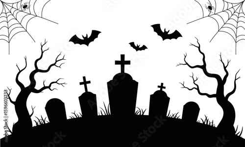 Creepy Halloween graveyard scene with tombstones, bats, trees, and spider webs in black silhouette vector design on white background for spooky flyer, poster, or party invitation