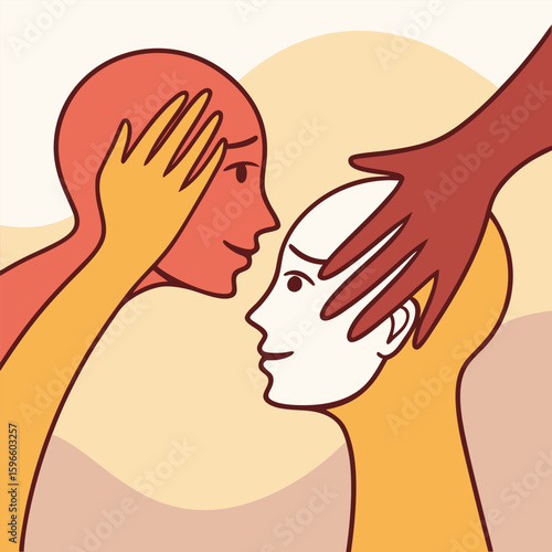 Illustration showing two figures facing each other with hands touching their heads in a supportive gesture