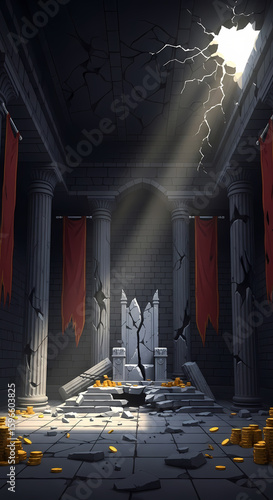 An abandoned throne room with a cracked throne surrounded by scattered gold coins and red banners, illuminated by a ray of light.