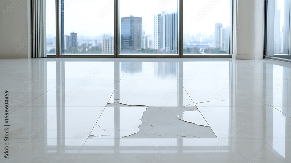 Fototapeta premium Cracked floor tiles reflect a city view through a large window. An unfortunate interior design flaw in an otherwise bright, spacious room.