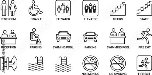 way finding line icon set. toilet, elevator, stair, reception symbols.