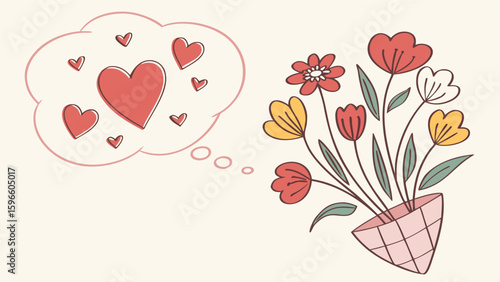 A bouquet of flowers in a basket with a thought bubble containing several red hearts floating above it