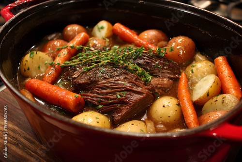 Pot roast with carrots, potatoes, and thyme in red Dutch oven
