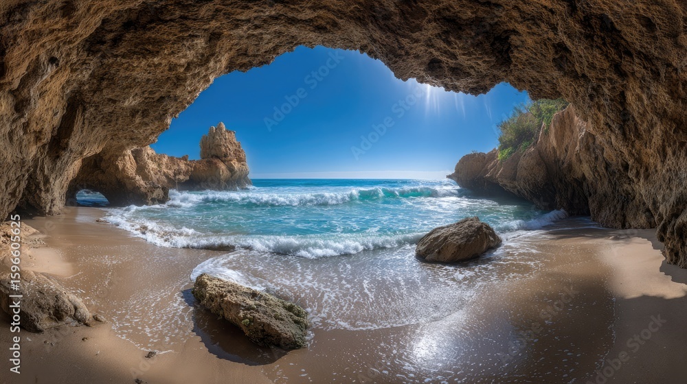 Fototapeta premium Bright Sunlight Through Ocean Cave: Blue Water, Golden Sand Beach