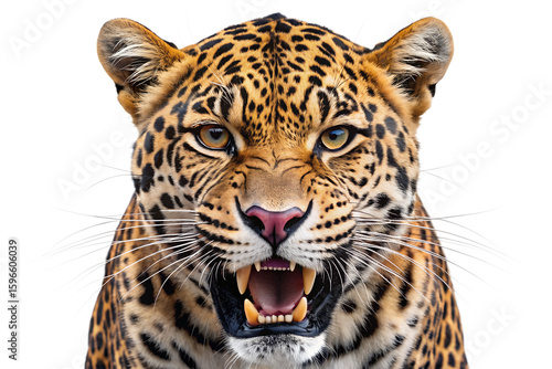 A fierce jaguars face with mouth open in a roar, showcasing its sharp teeth and intense eyes, isolated on a transparent background
